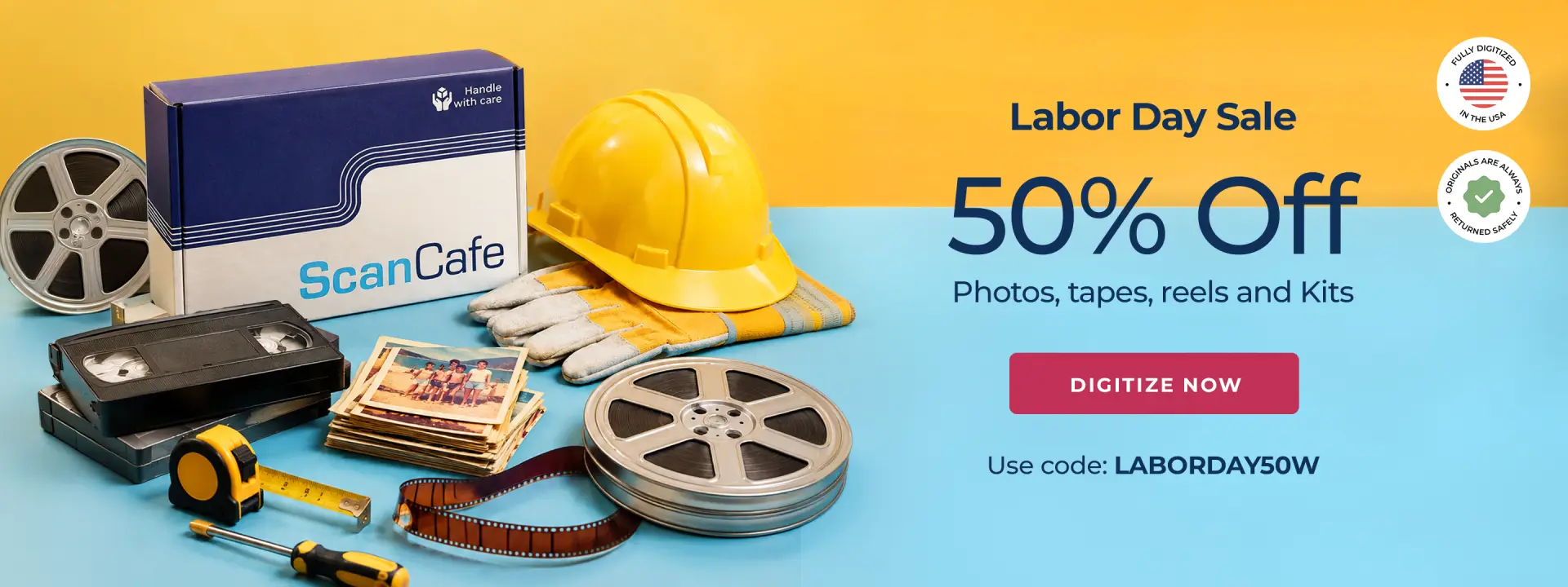 ScanCafe promo banner showing the latest discounts on photo and video digitization