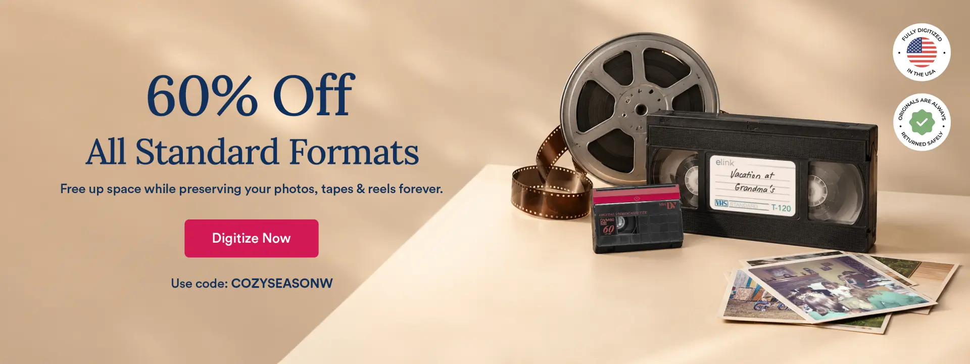 ScanCafe promo banner showing the latest discounts on photo and video digitization
