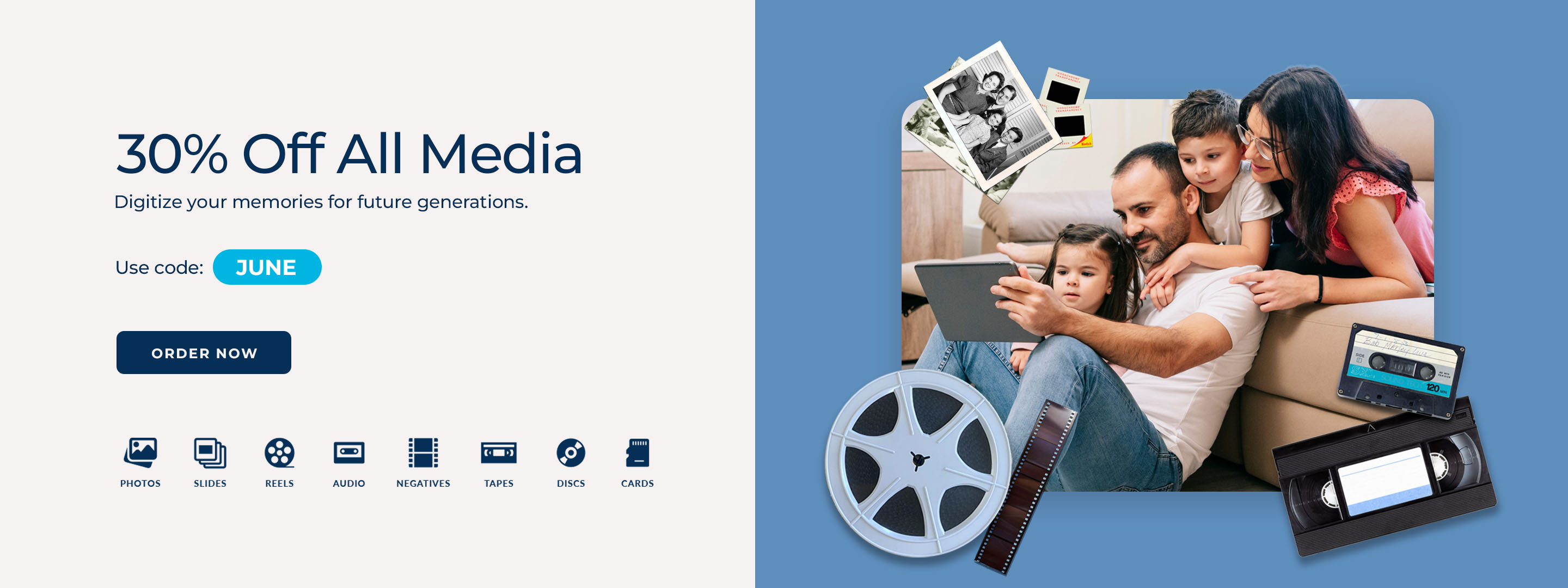 ScanCafe promo banner showing latest discounts on photo and video digitization