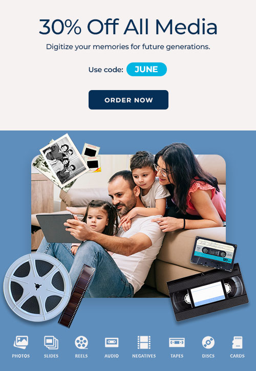 ScanCafe promo banner showing latest discounts on photo and video digitization