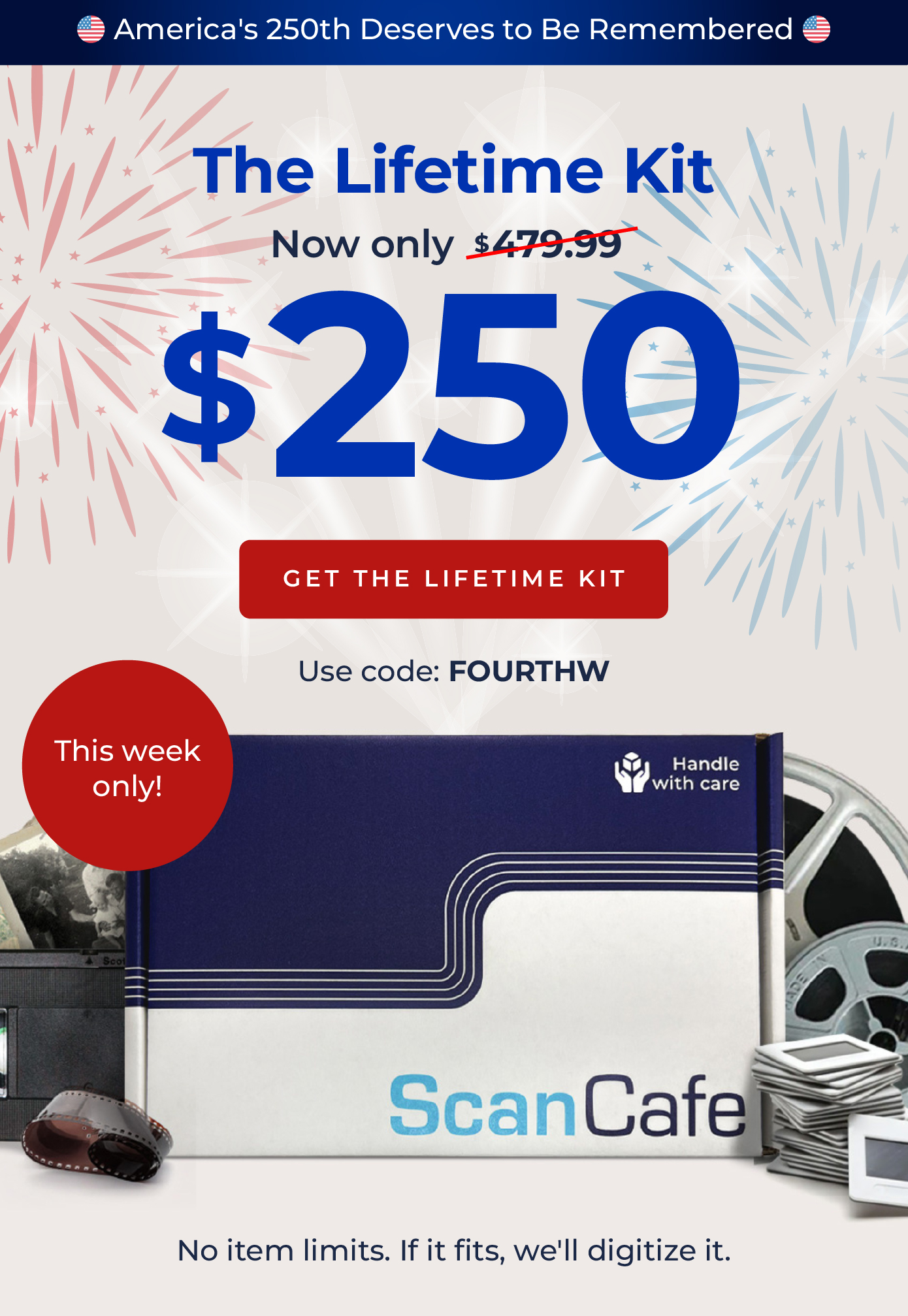 ScanCafe promo banner showing latest discounts on photo and video digitization