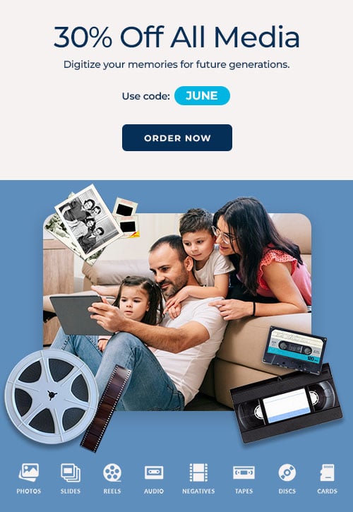 ScanCafe promo banner showing latest discounts on photo and video digitization