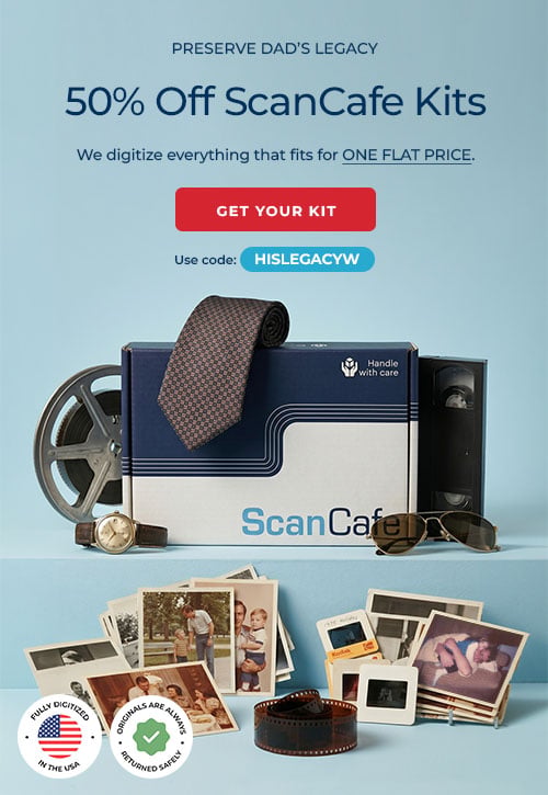 ScanCafe promo banner showing latest discounts on photo and video digitization
