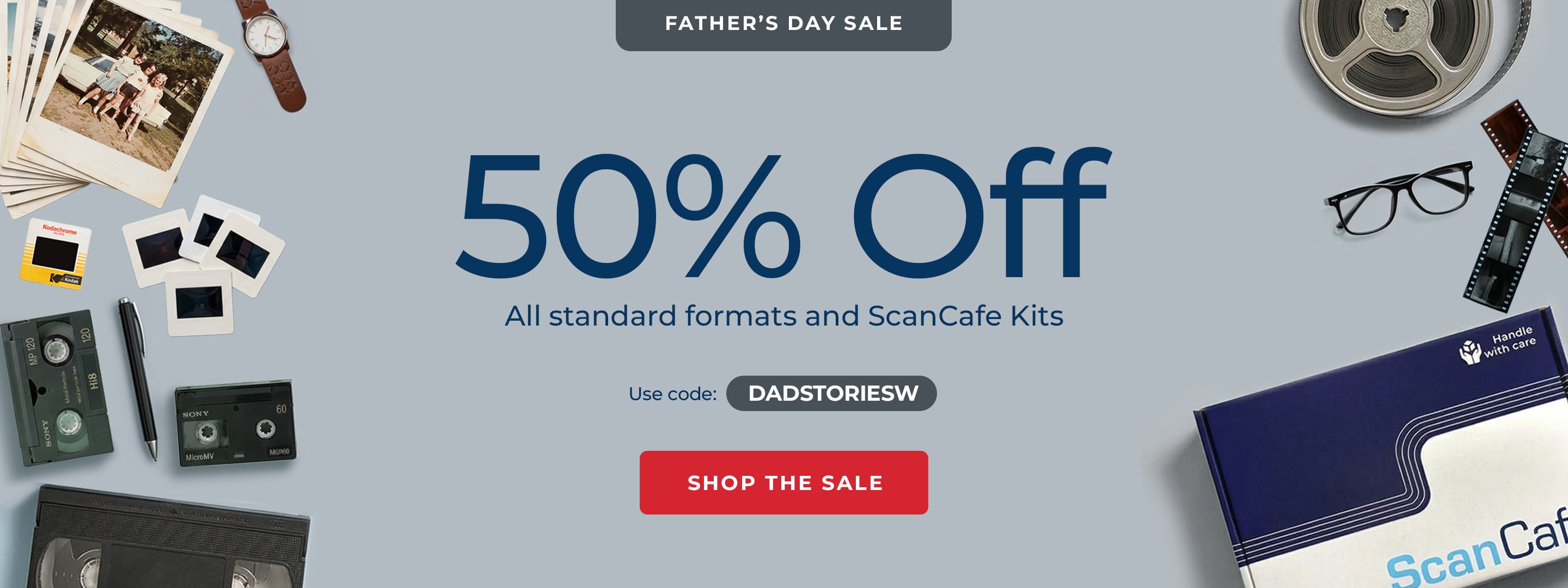 ScanCafe promo banner showing latest discounts on photo and video digitization