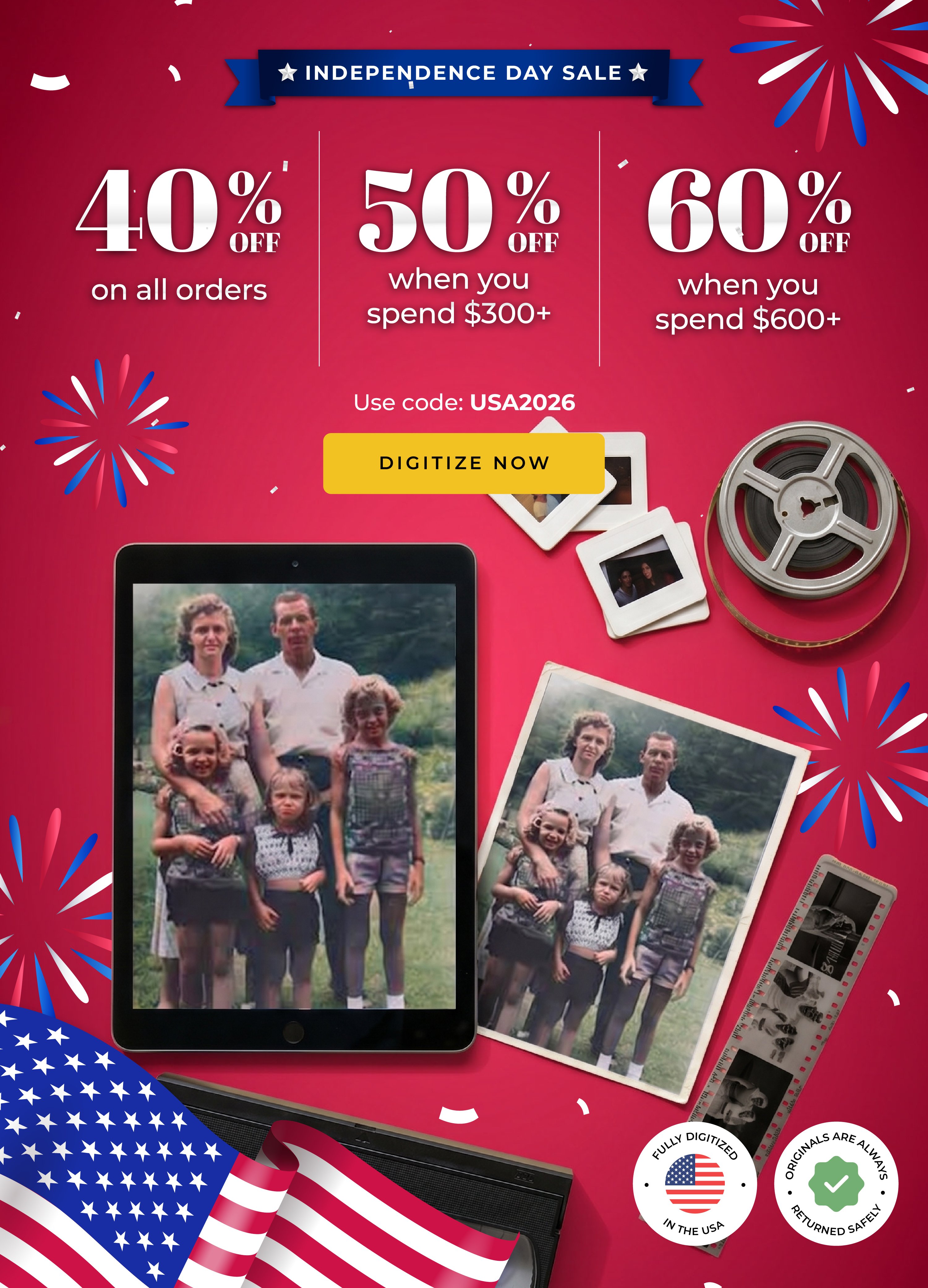 ScanCafe promo banner showing latest discounts on photo and video digitization