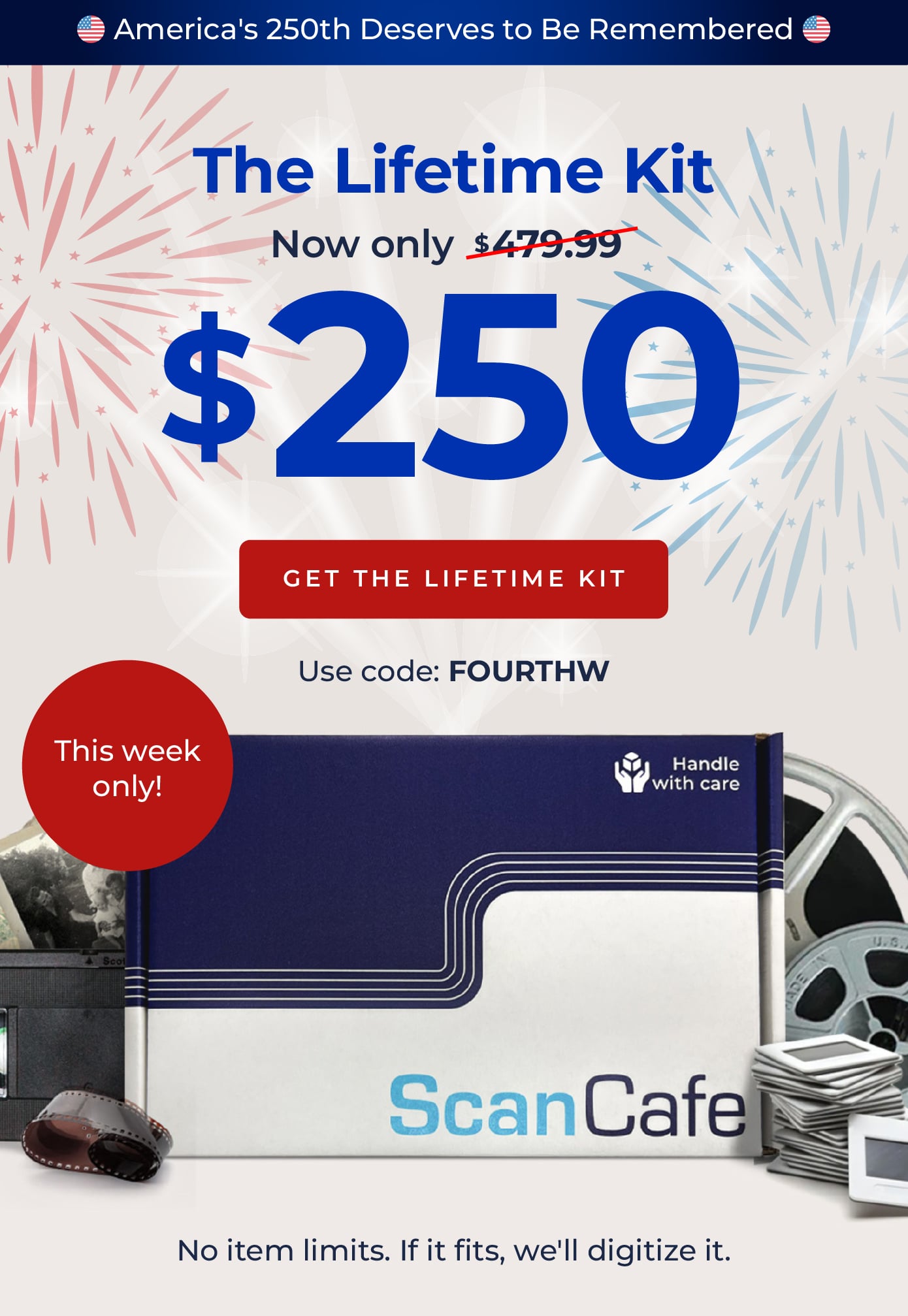 ScanCafe promo banner showing latest discounts on photo and video digitization