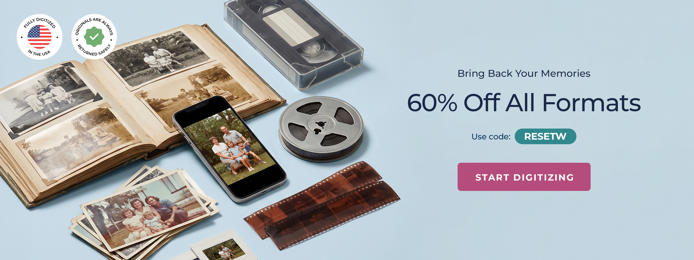 ScanCafe promo banner showing latest discounts on photo and video digitization