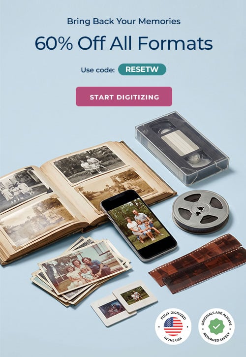 ScanCafe promo banner showing latest discounts on photo and video digitization